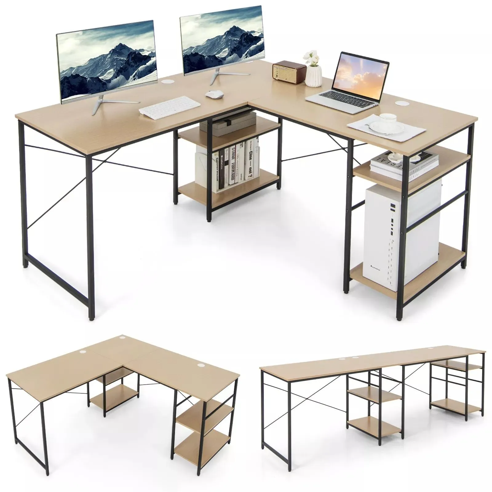 Costway L-Shaped Corner Computer Desk Study Writing Desk Workstation w/ Storage Shelf in Natural