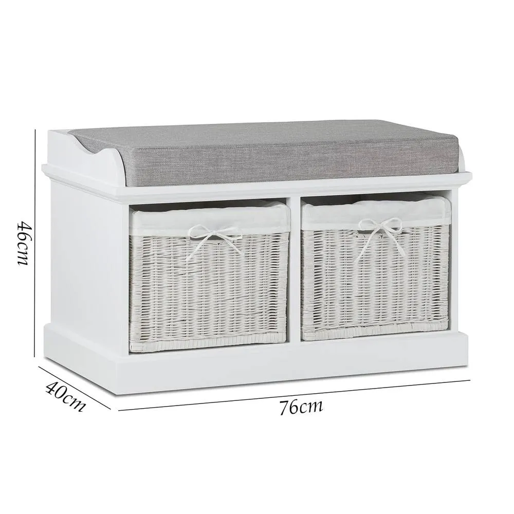 Statement Furniture Tetbury Bench with 2 White Wicker Baskets & Grey Cushion 2