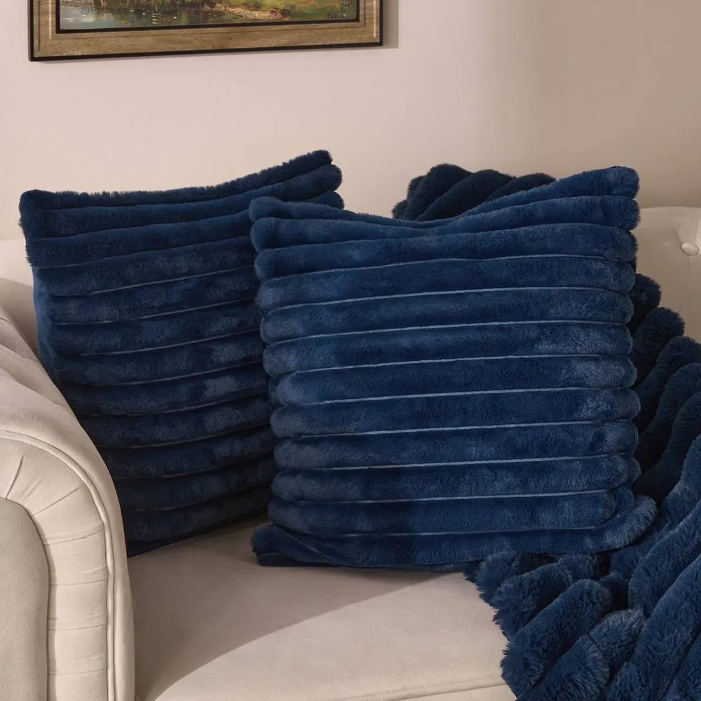 OHS 2 x Faux Fur Thick Rib Cushion Covers in Navy