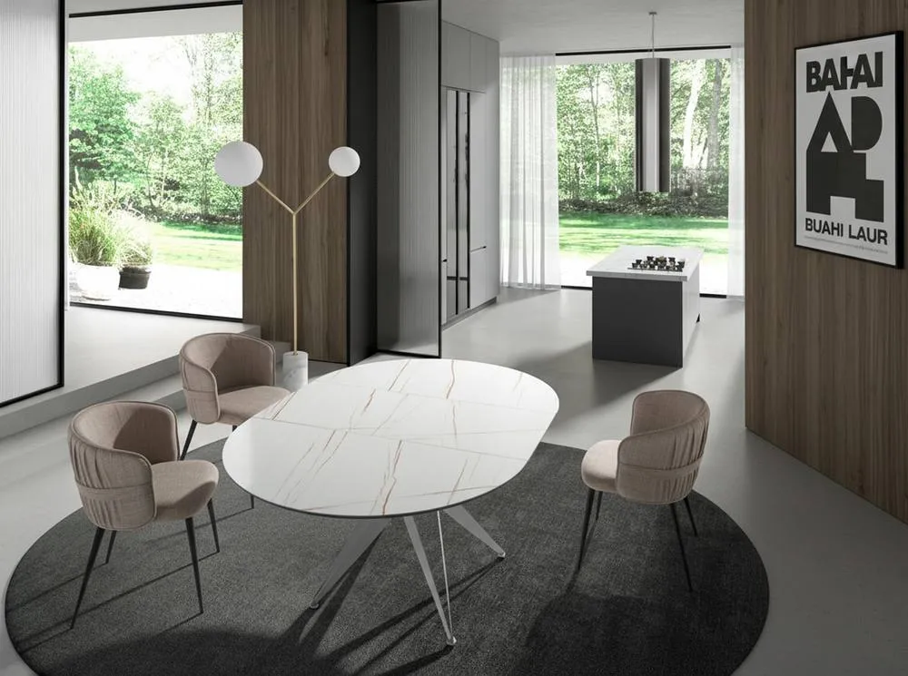 Angel Cerda Round Extendable Dining Table, Porcelain Marble Top in White 6