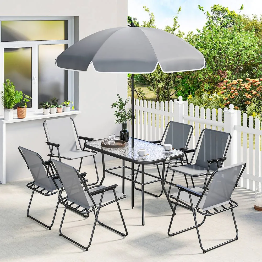 OUTSUNNY 8 Piece Garden Dining Set with 6 Folding Chairs & Umbrella in Grey