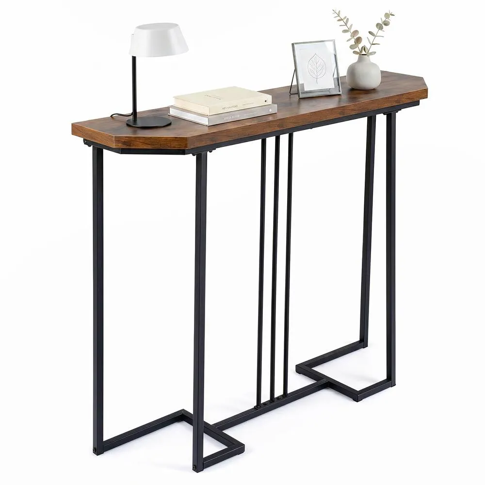 Costway Modern Console Table 110 CM Narrow Entryway Table with Faux Marble Top in Brown 4