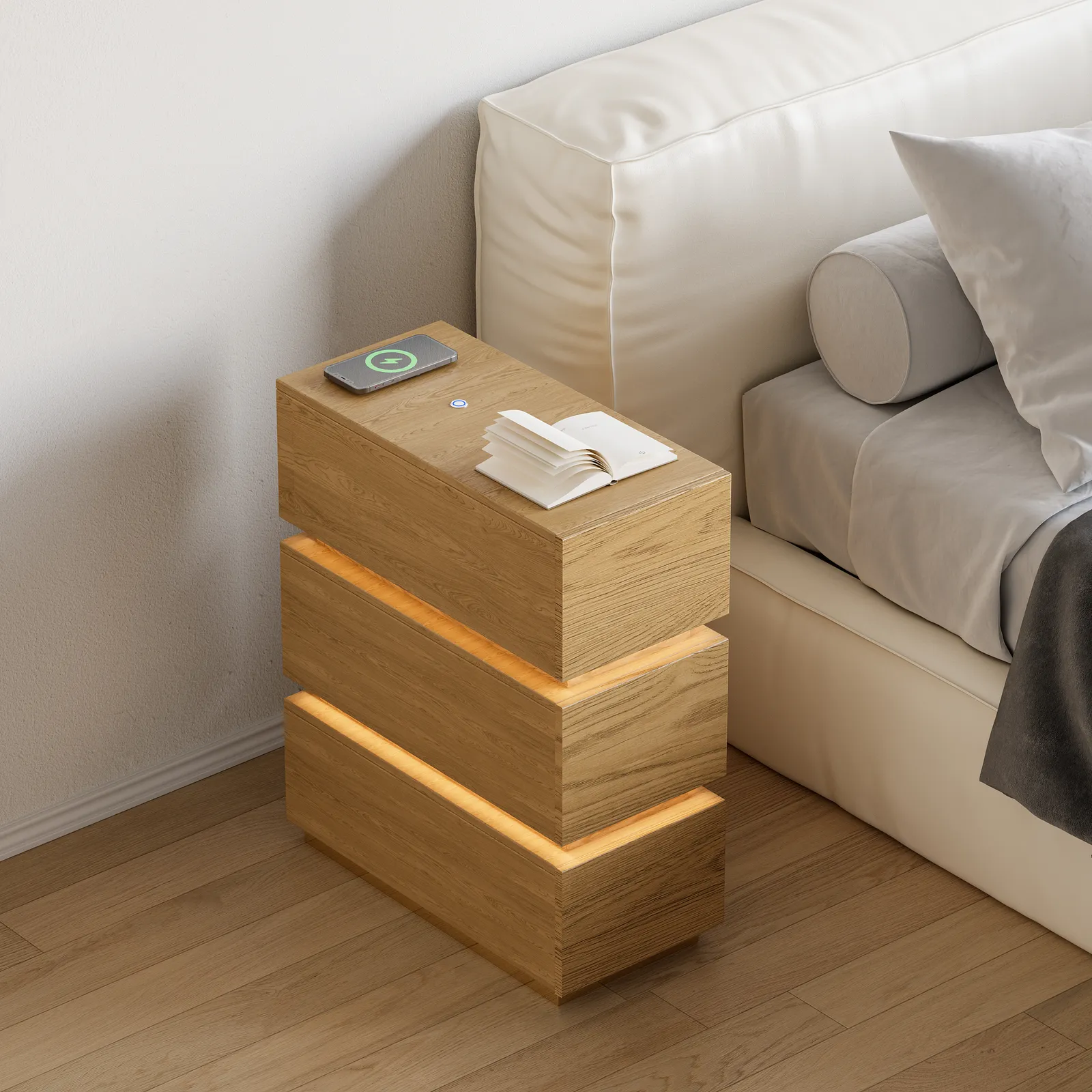Smart LED Natural Nightstand Wireless Charging Station Wood Bedside Table with Light Modern