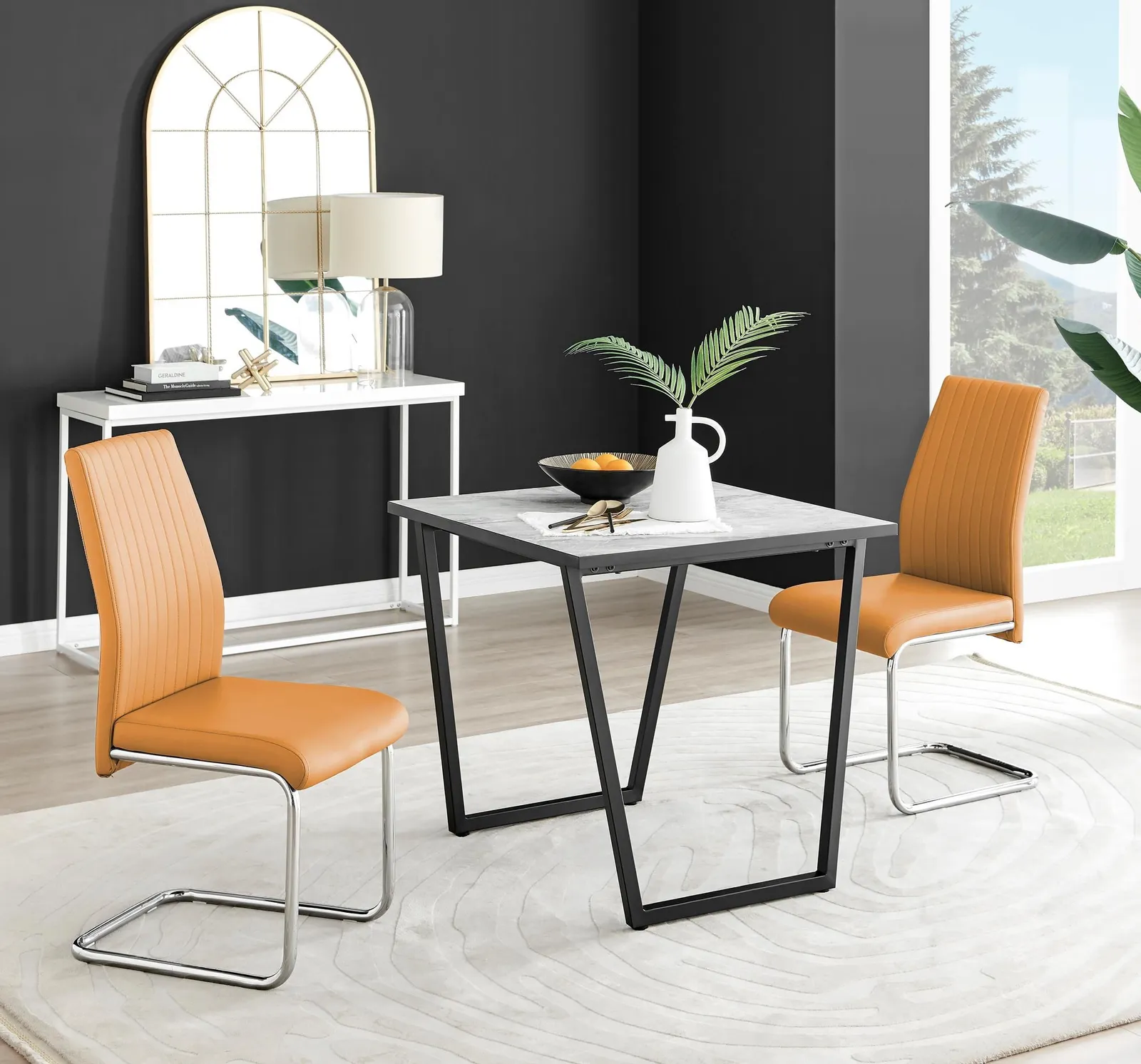 FurnitureboxUK Carson White Marble Effect Square Dining Table & 2 Faux Leather Lorenzo Chairs in Mustard