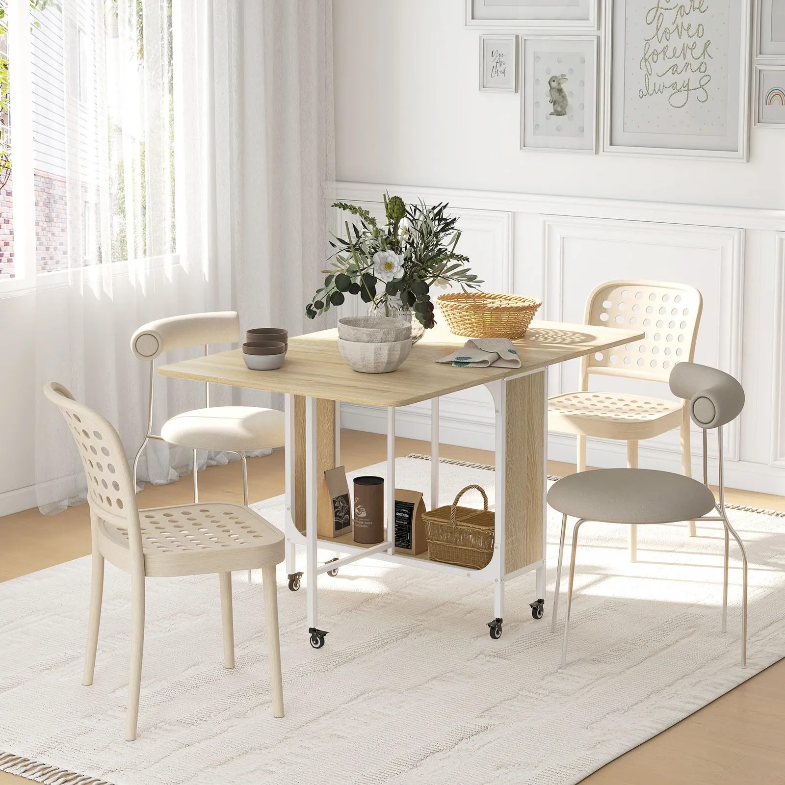 HOMCOM Mobile Drop Leaf Dining Table on Wheels with Storage Shelf in Yellow 1