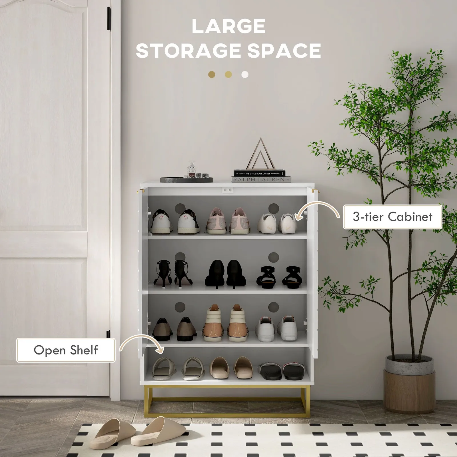 HOMCOM Shoe Storage Cabinet with 3 tier Shelving Open Shelf & 6 Vents in White 4