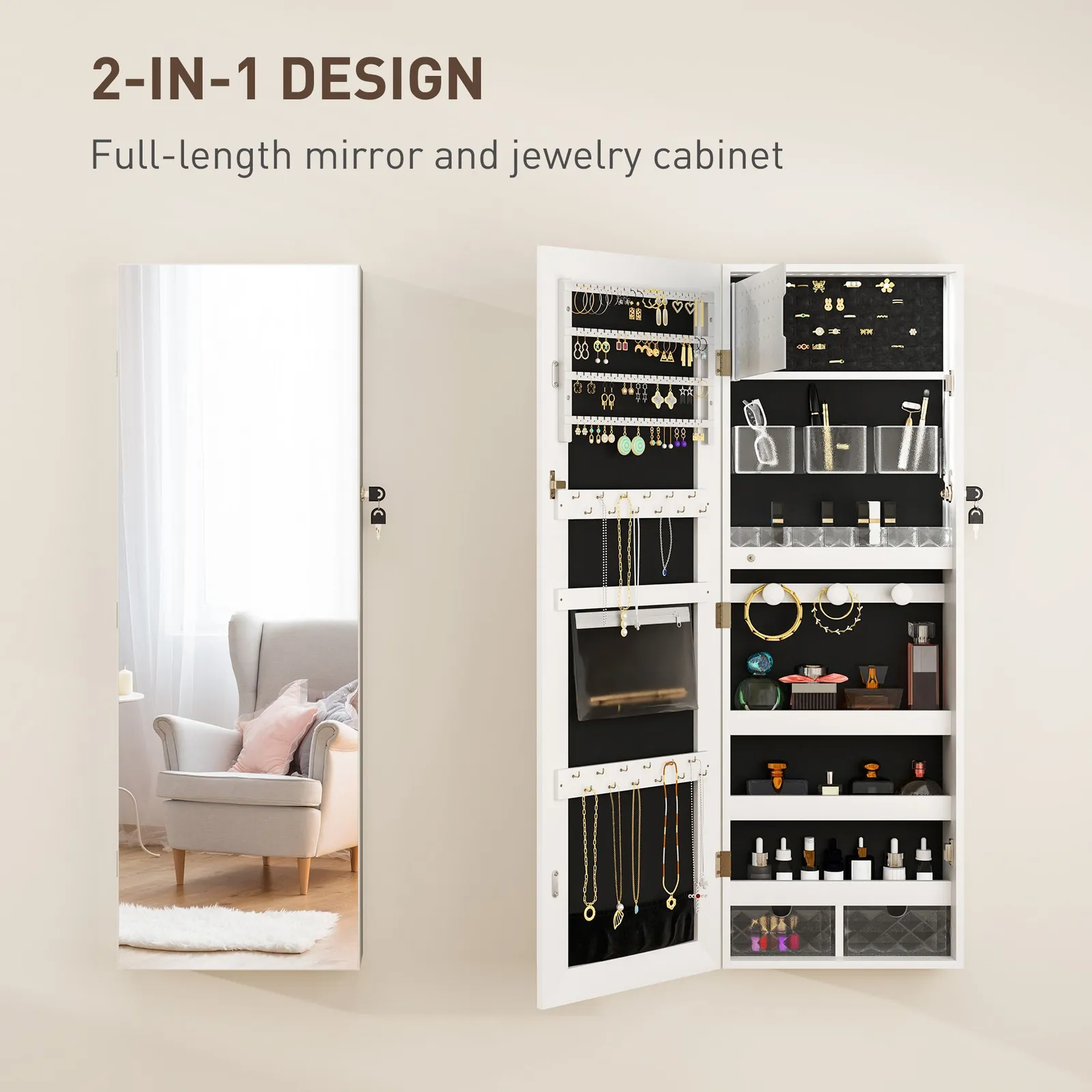 HOMCOM Door Hanging or Wall Mounted Jewellery Cabinet w/ Mirror in White 4