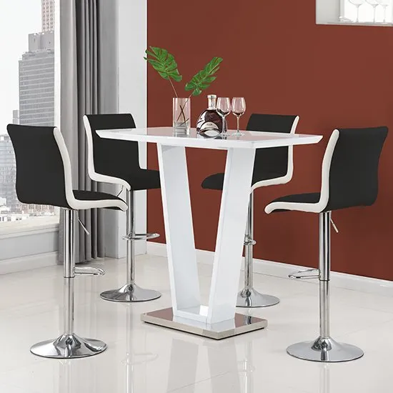 Ilko High Gloss Bar Table In White With 4 Ritz Black White Stool