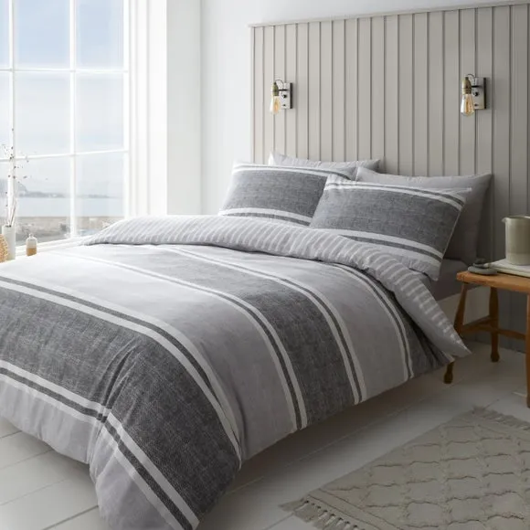 Catherine Lansfield Textured Banded Stripe Reversible Duvet Cover & Pillowcase Set 1