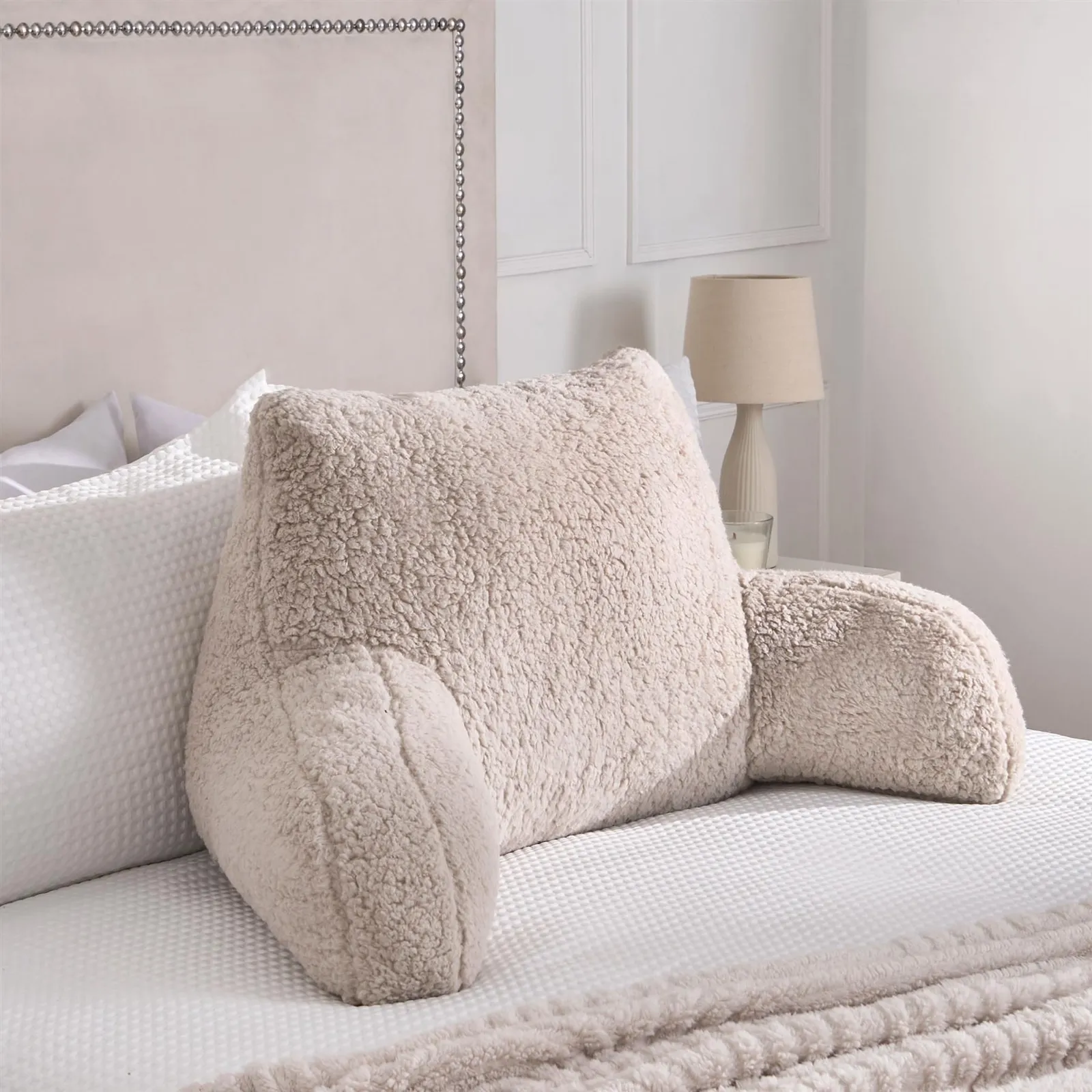 OHS Teddy Fleece Bed Reading Cushion Pillow with Arms Lumbar Support in Natural