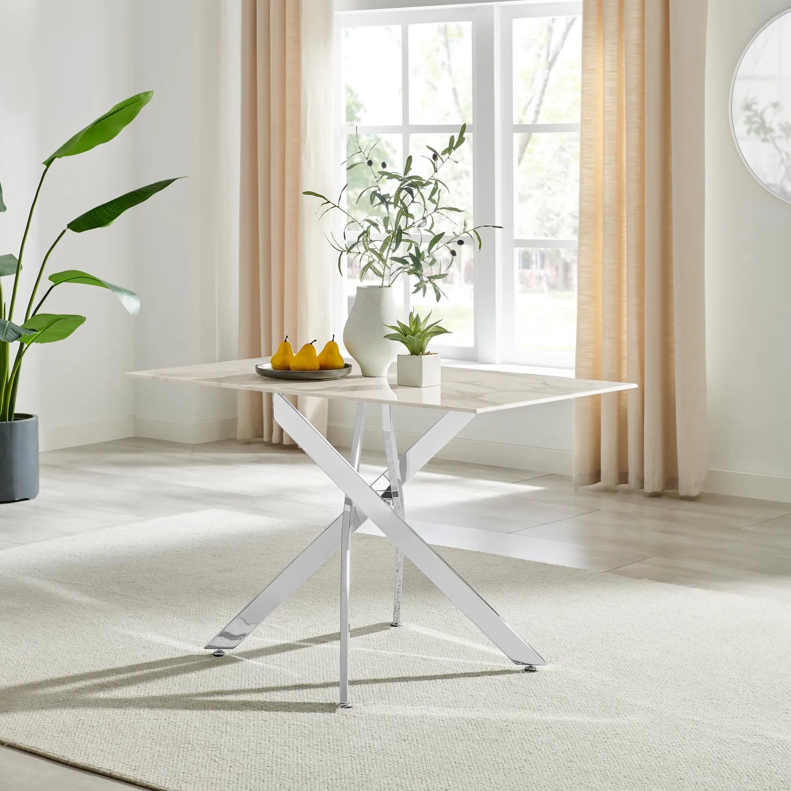 FurnitureboxUK Leonardo 4-Seater Dining Table With Marble Effect Glass Top & Silver Metal Legs in White 2