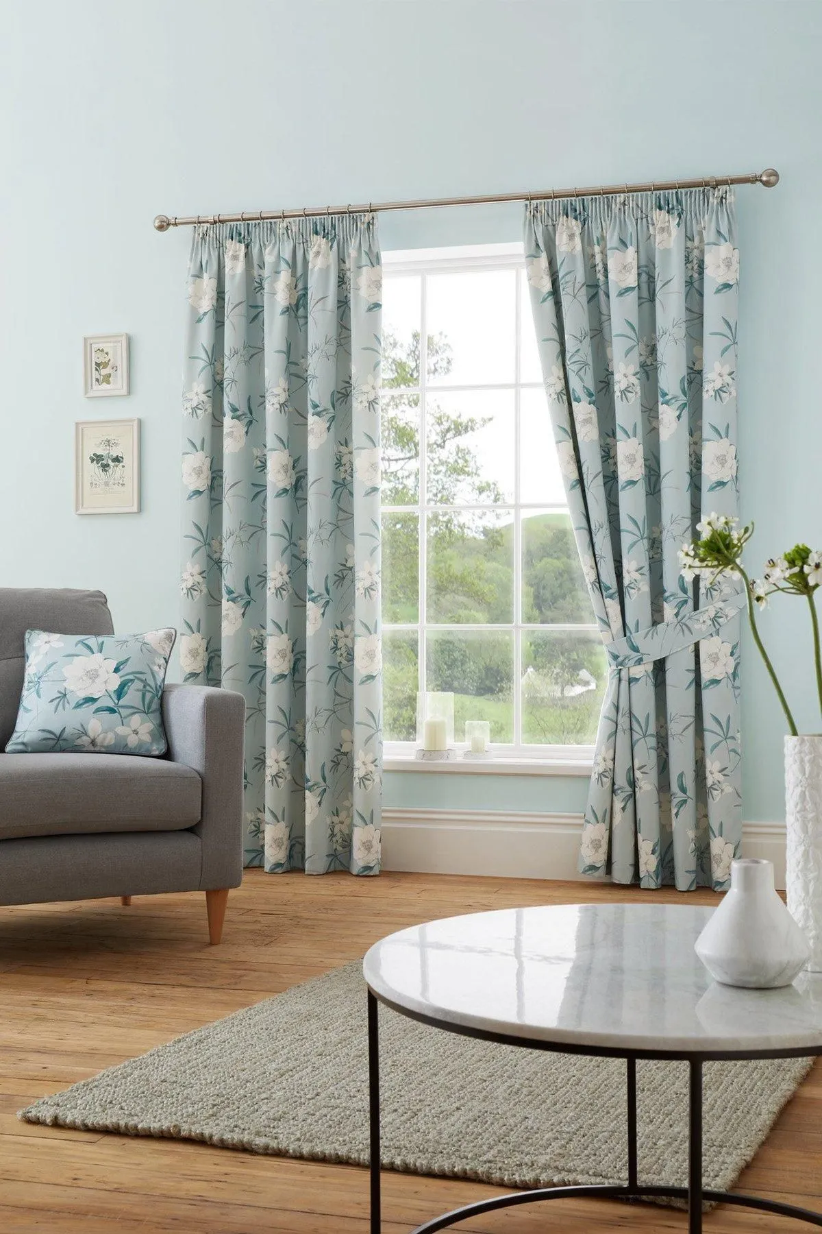 Dreams & Drapes 'Eve' 100% Cotton Floral Pair of Pencil Pleat Curtains With Tie-Backs in Duck Egg Blue 2