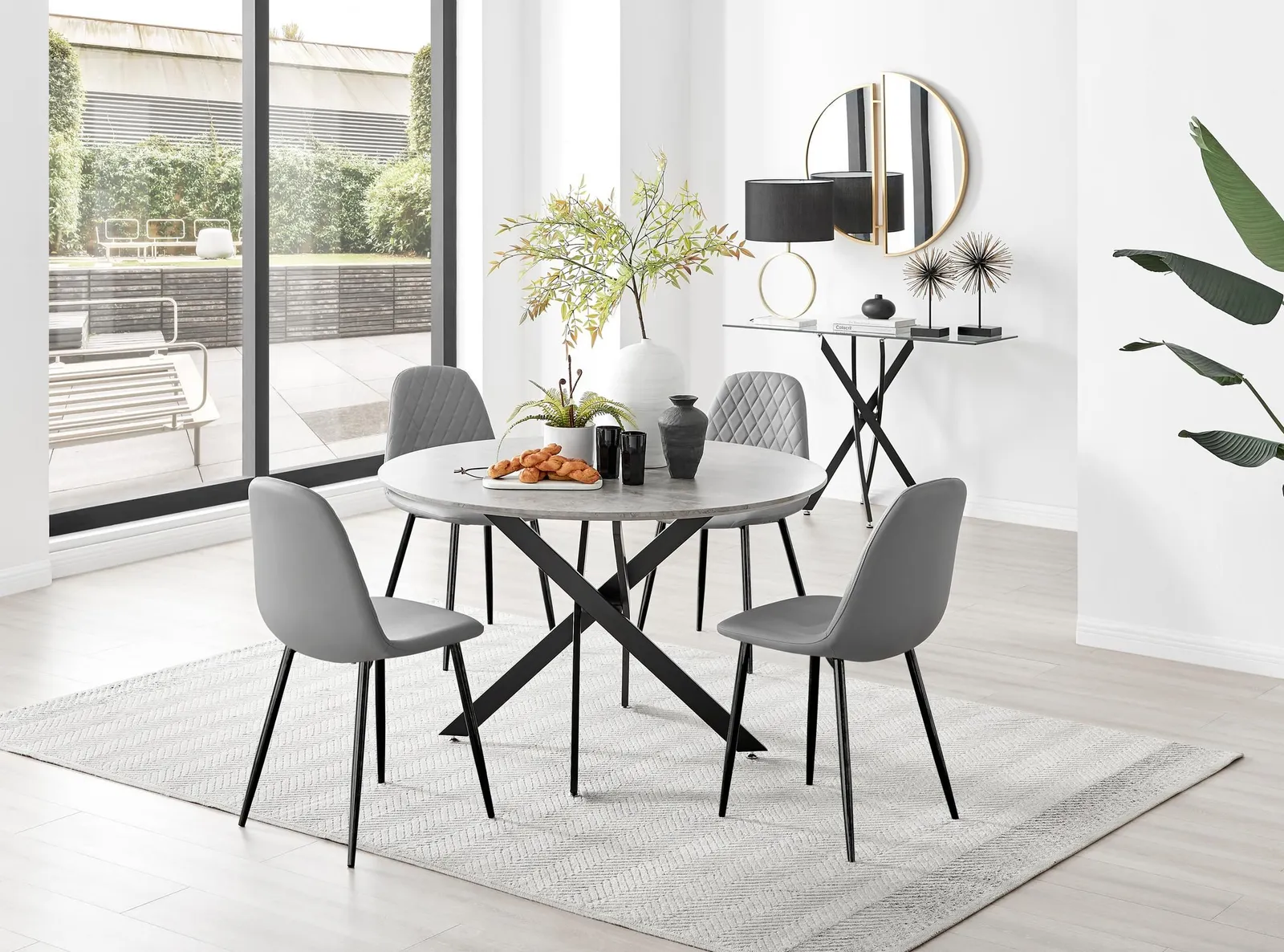 FurnitureboxUK Novara Grey Concrete Effect Black Leg 120cm Round Dining Table & 4 Corona Black Leg Chairs