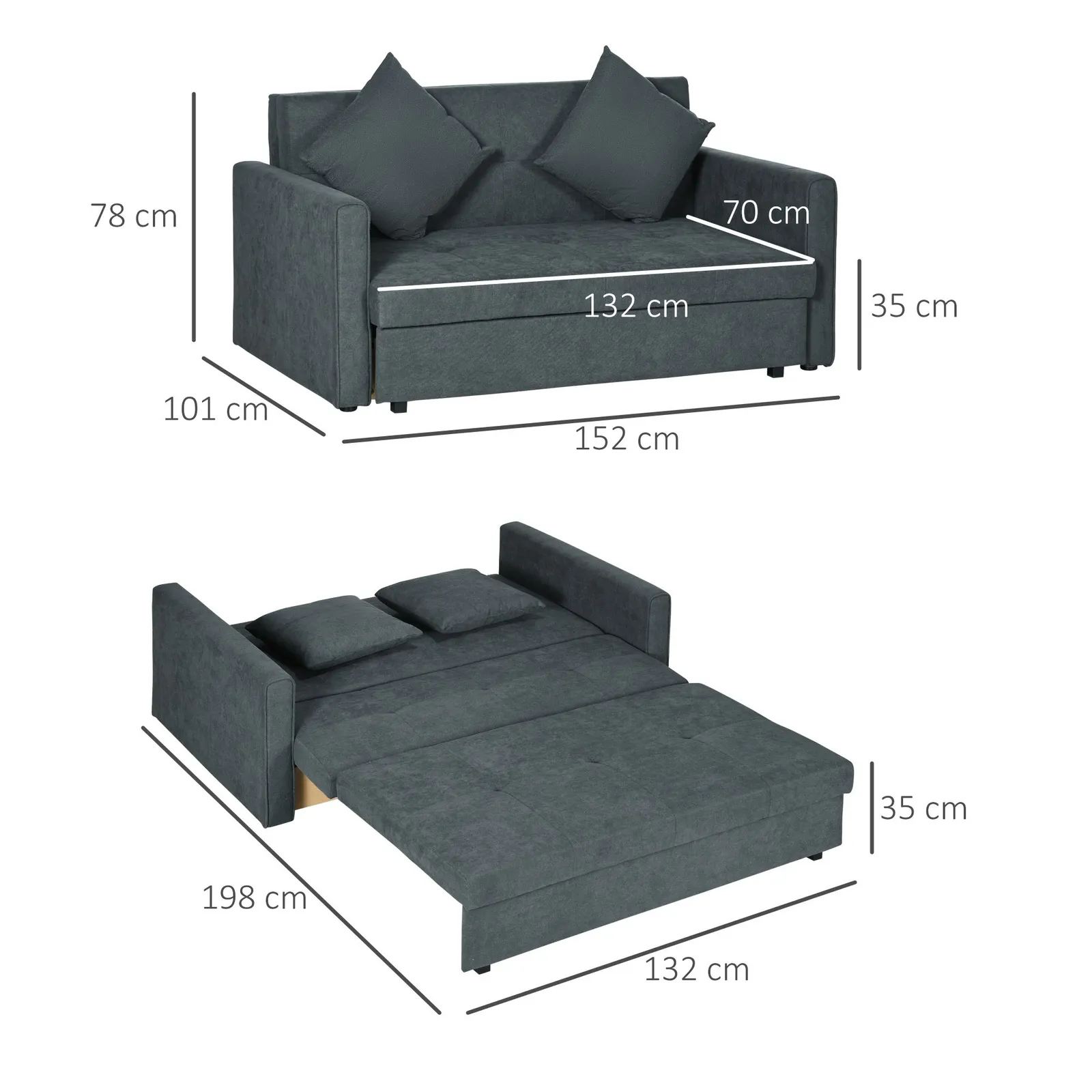 HOMCOM Convertible 2 Seater Sofa Bed with 2 Cushions Storage for Living Room in Dark Grey 3