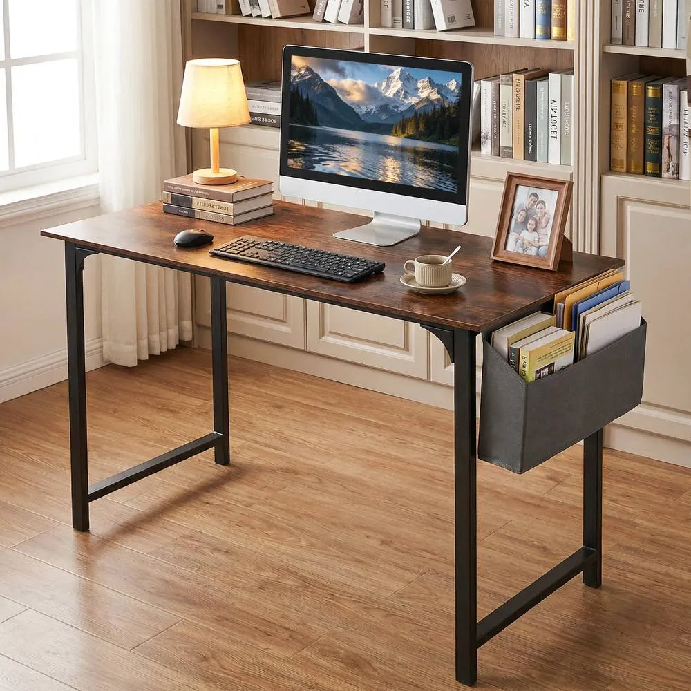 Costway 100CM Computer Desk Industrial Study Writing Desk with Storage Bag in Brown