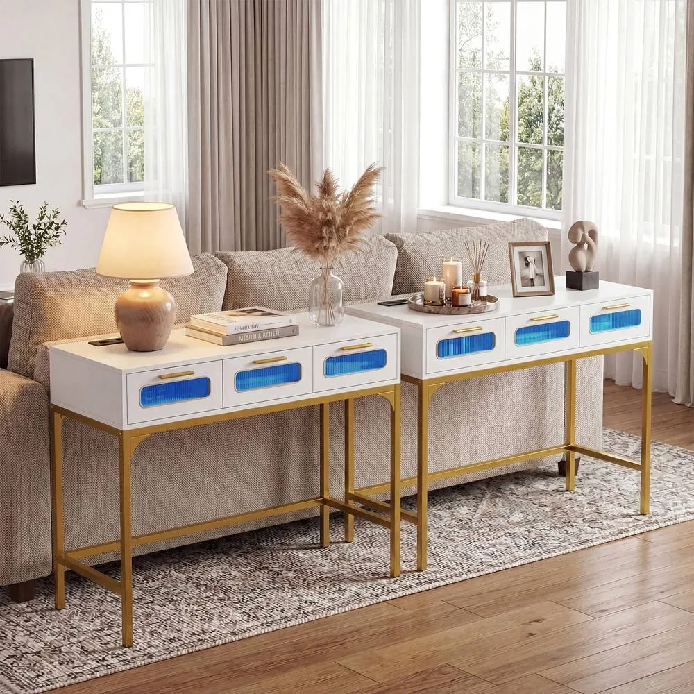 Costway Console Table w/ LED Lights & Charging Station 90cm Entryway Table in White 5