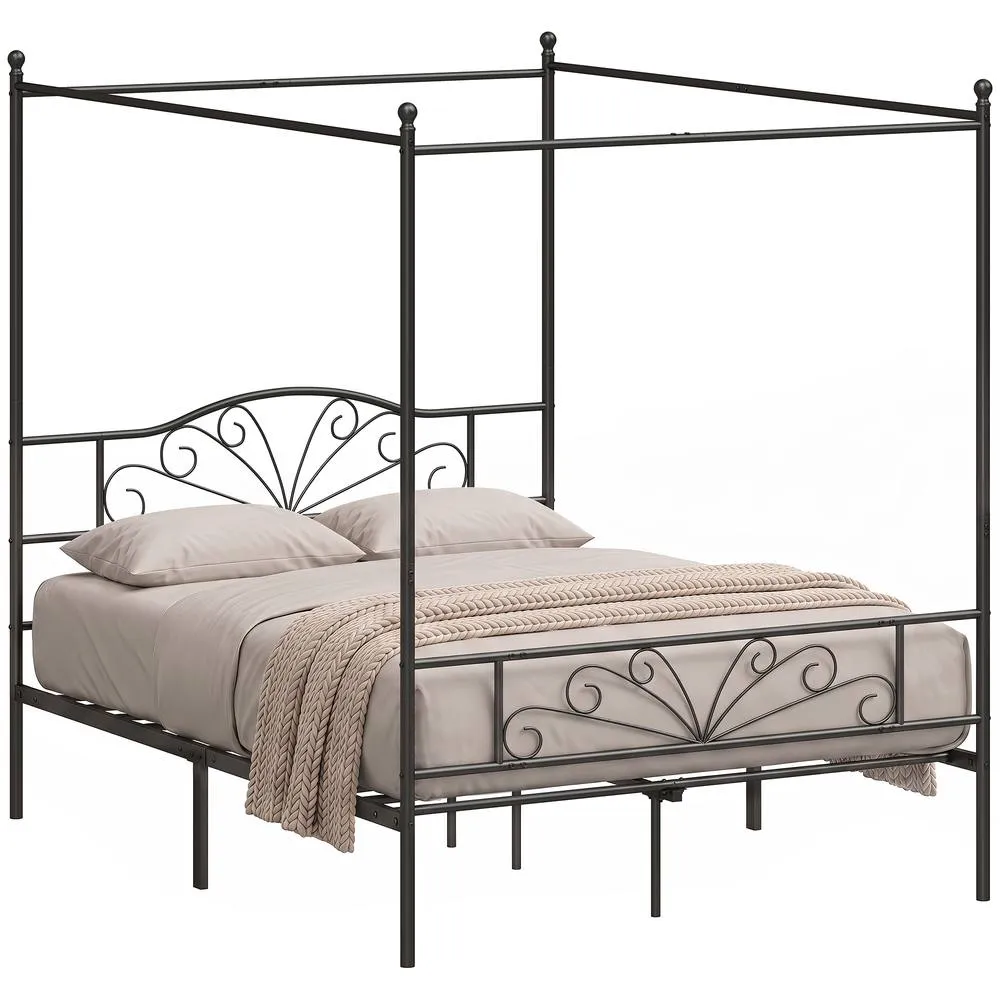 HOMCOM Canopy Bed Frame King Size, Metal Platform Bed Frame, Black
