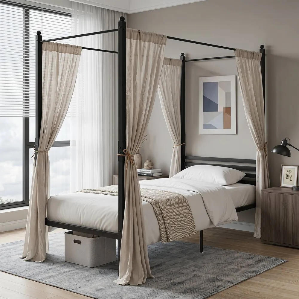 Costway Single Size Canopy Bed Frame 200x140cm Metal Platform Bed w/ Headboard in Black 5