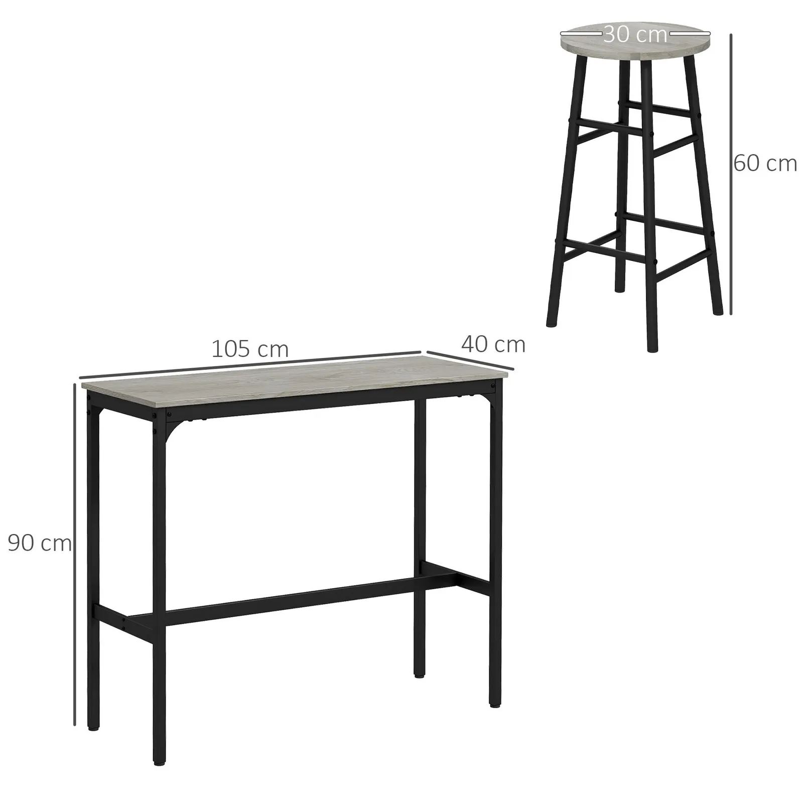 HOMCOM 3 Piece Bar Set with 2 Stools, Industrial Kitchen & Chair Set Grey 3