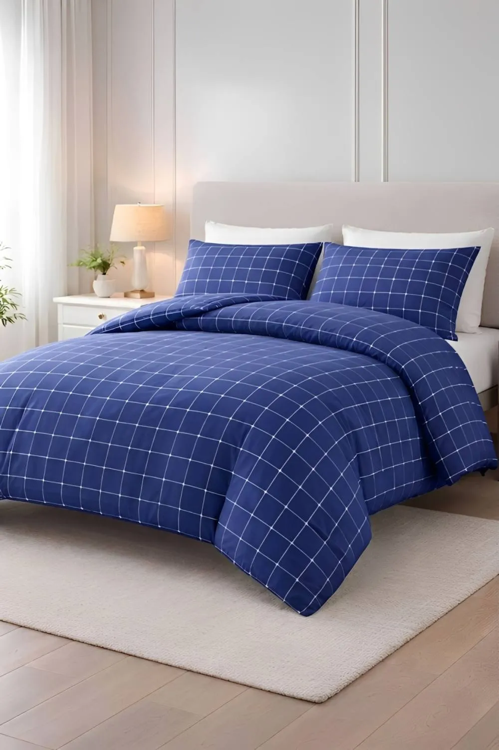 Pamposh Double Brushed Microfibre Check Duvet Cover Set Reversible in Blue