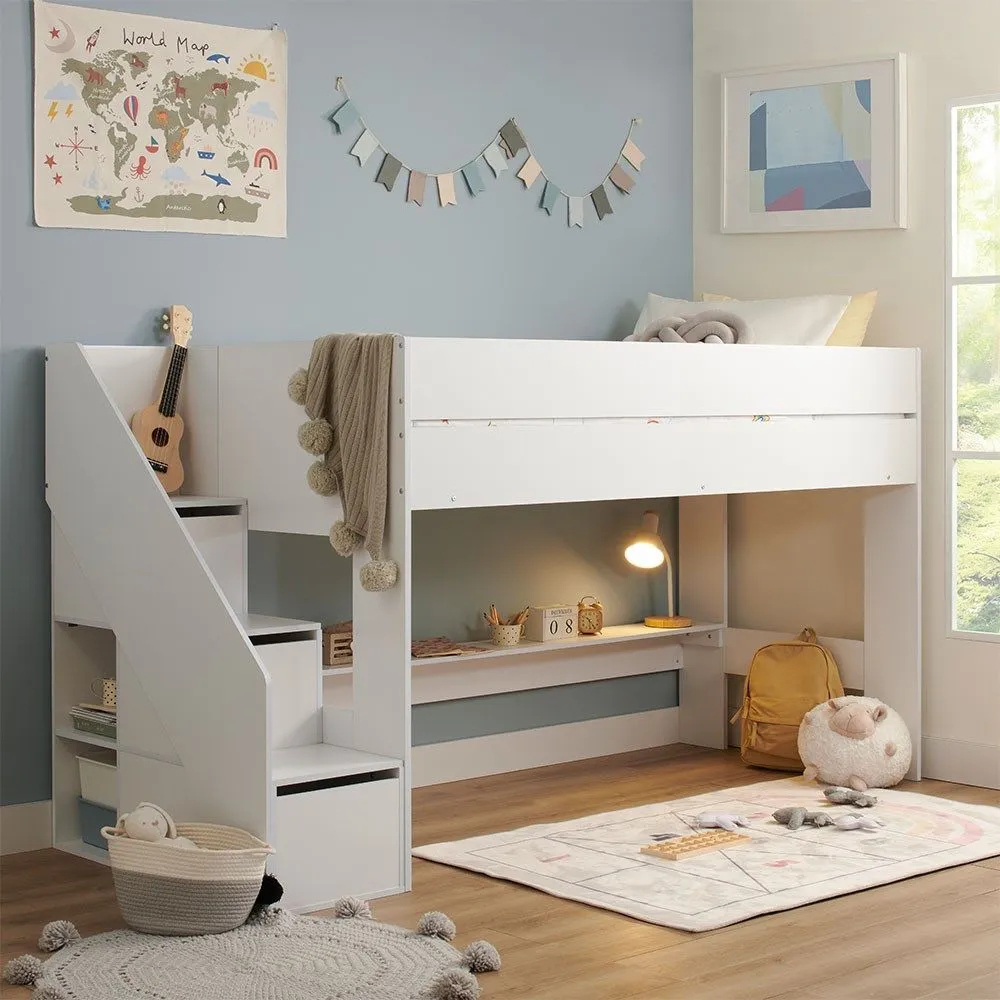 Flair Olivia Mid Sleeper Bed with Shelves & Storage Stairs in White