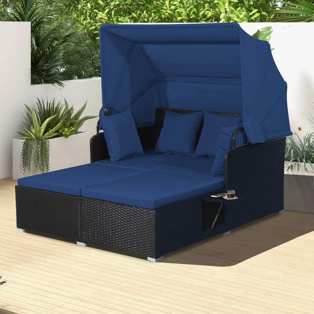 Costway Daybed with Retractable Canopy PE Rattan Wicker Sunbed for 2 Persons in Blue 3