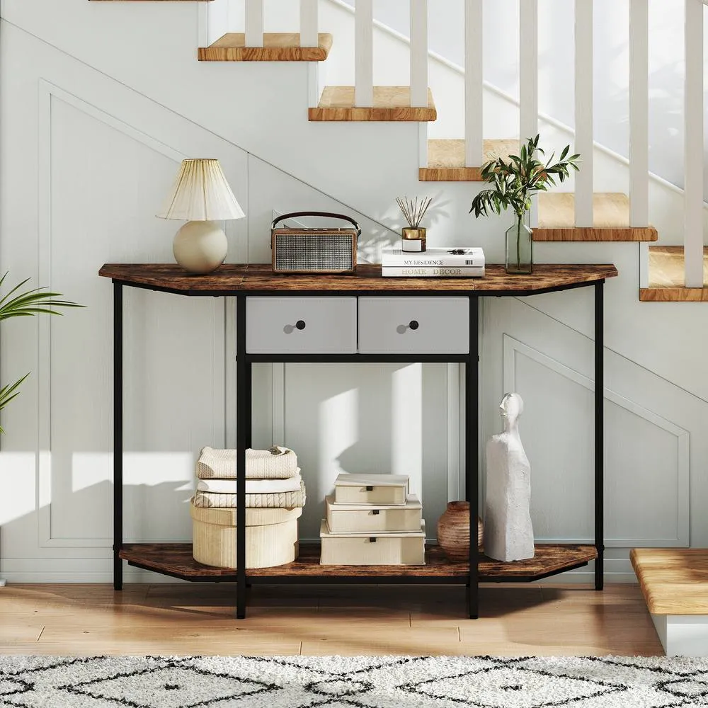 Costway 130 CM Console Table 2-Tier Entryway Table with 2 Drawers-Brown in Brown 3