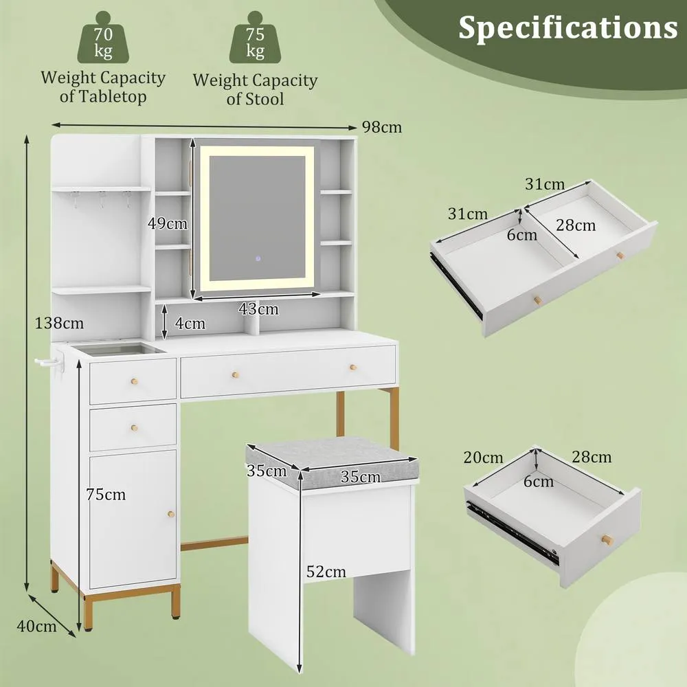 Costway Makeup Vanity Desk Dressing Table & Stool Set White 5