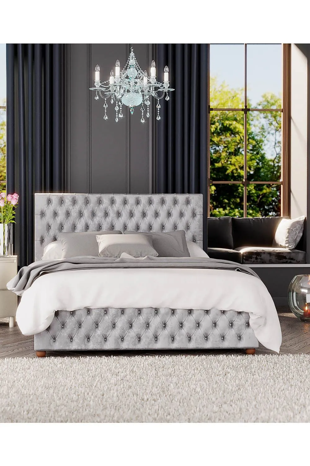 Laurence Llewelyn-Bowen Seren Ottoman Storage Bed in Mirazzi Velvet Fabric, Custom Made in Silver 5