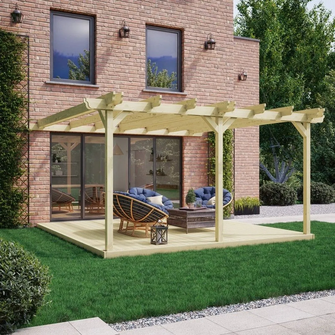 Rutland County Garden Furniture Ltd Wall Mounted Double Garden Pergola & Decking Kit, W480cm, Brown in Green 2