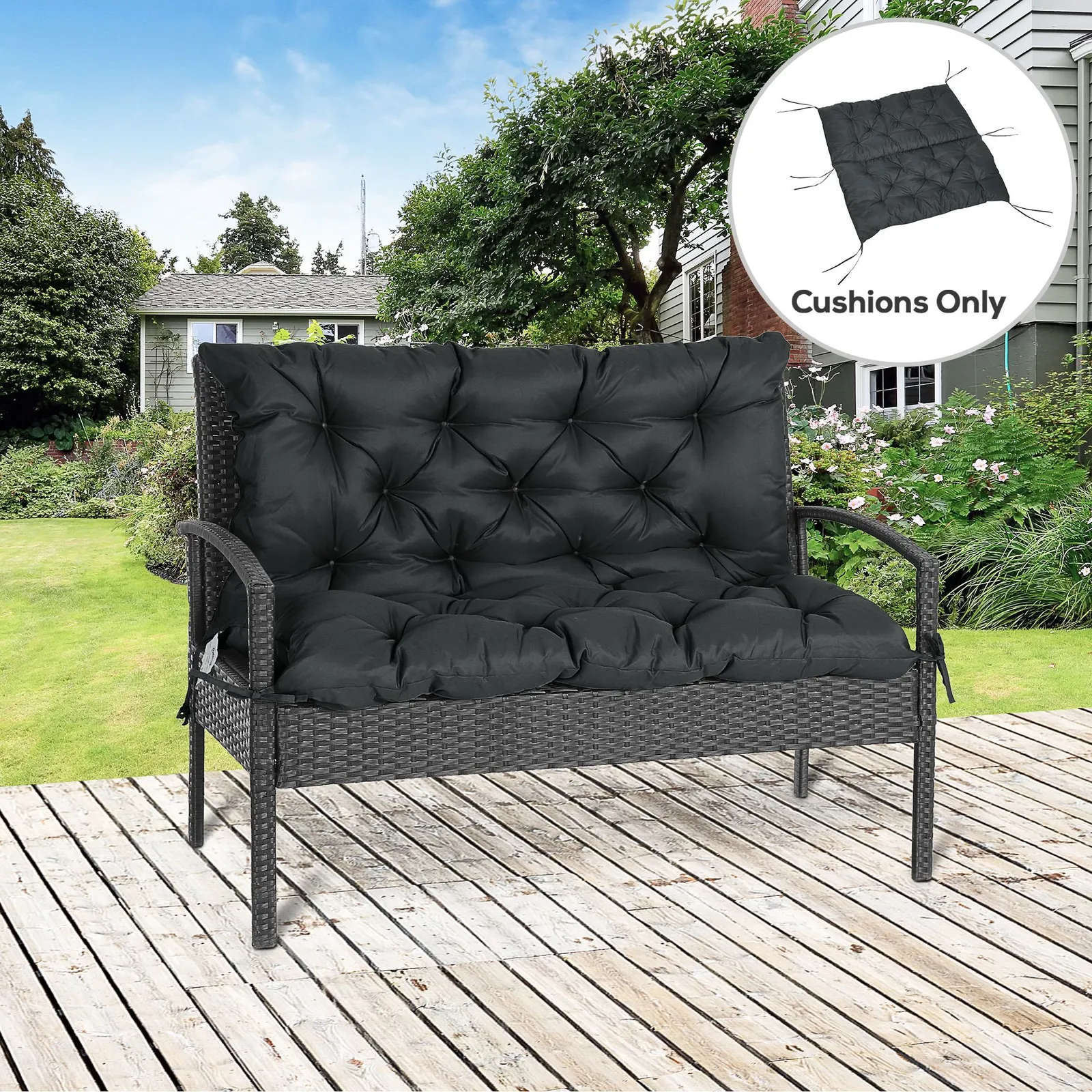 OUTSUNNY 2 Seater Garden Bench Cushion Outdoor Seat Pad with Ties in Black 1