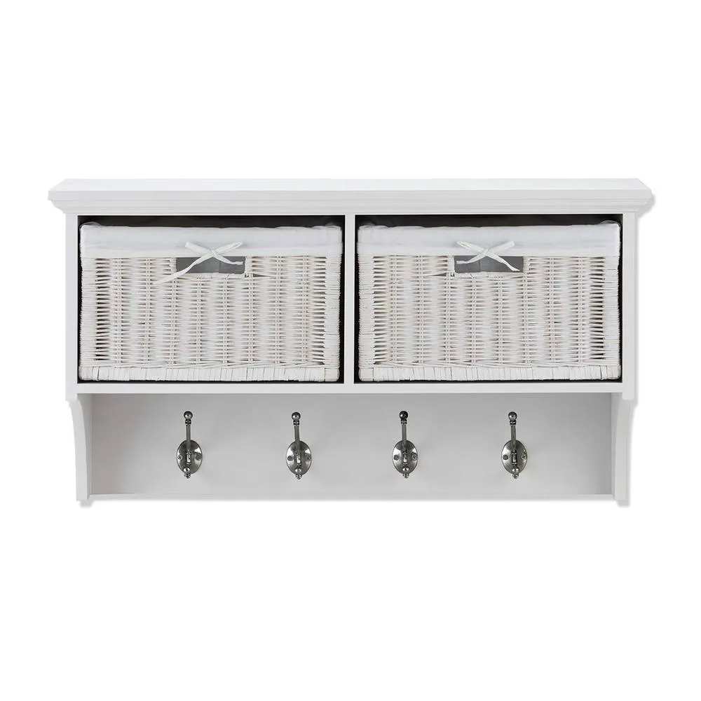 Statement Furniture Tetbury Small Hallway Coat Rack / Shelf with Wicker Storage Baskets in White