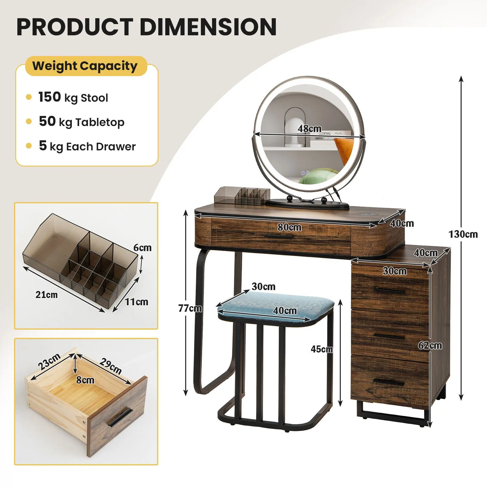 Costway Dressing Table Vanity Set Makeup Stool with Charging Station & 3 Color Lighted Swivel Mirror & 3 Drawer Chest in Brown 3