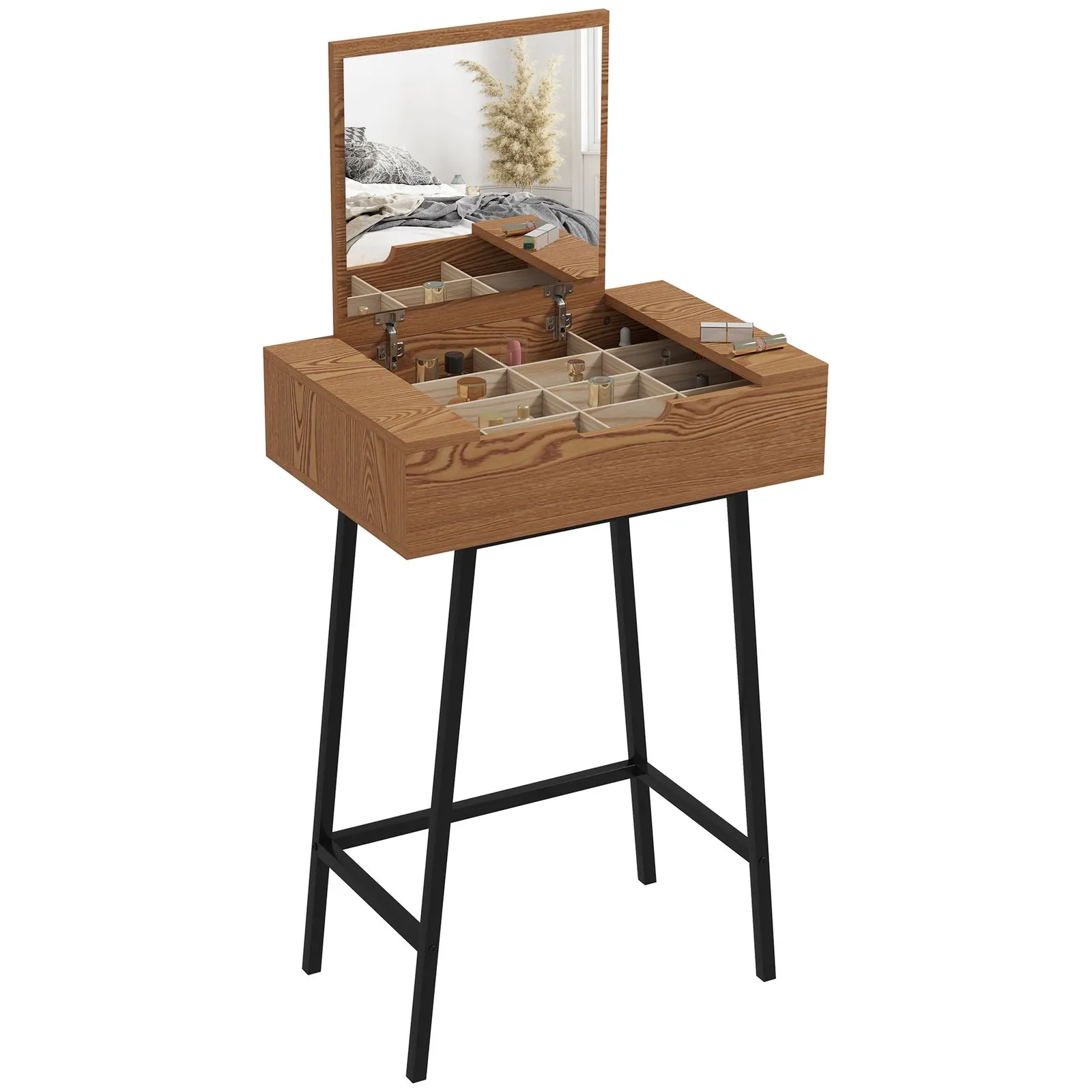 HOMCOM Industrial Vanity Desk with Mirror & Steel Legs Natural Wood Effect 2