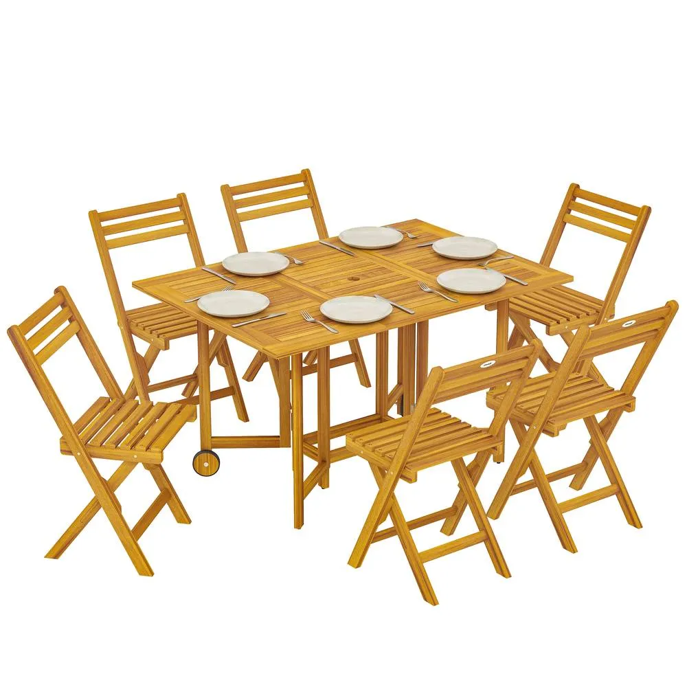 OUTSUNNY 7 Pieces Garden Dining Set with Extending Table, 6 Folding Chairs in Natural 2