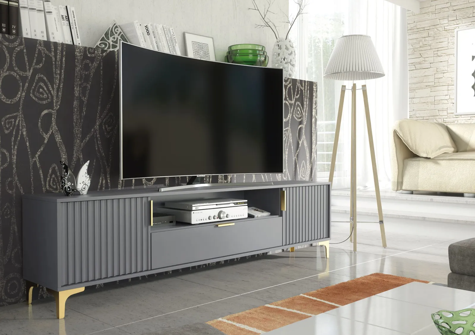 Creative Furniture Tide Crest TV Unit Gold 200cm - Modern Fluted Design in Grey or White in Dark Grey 3