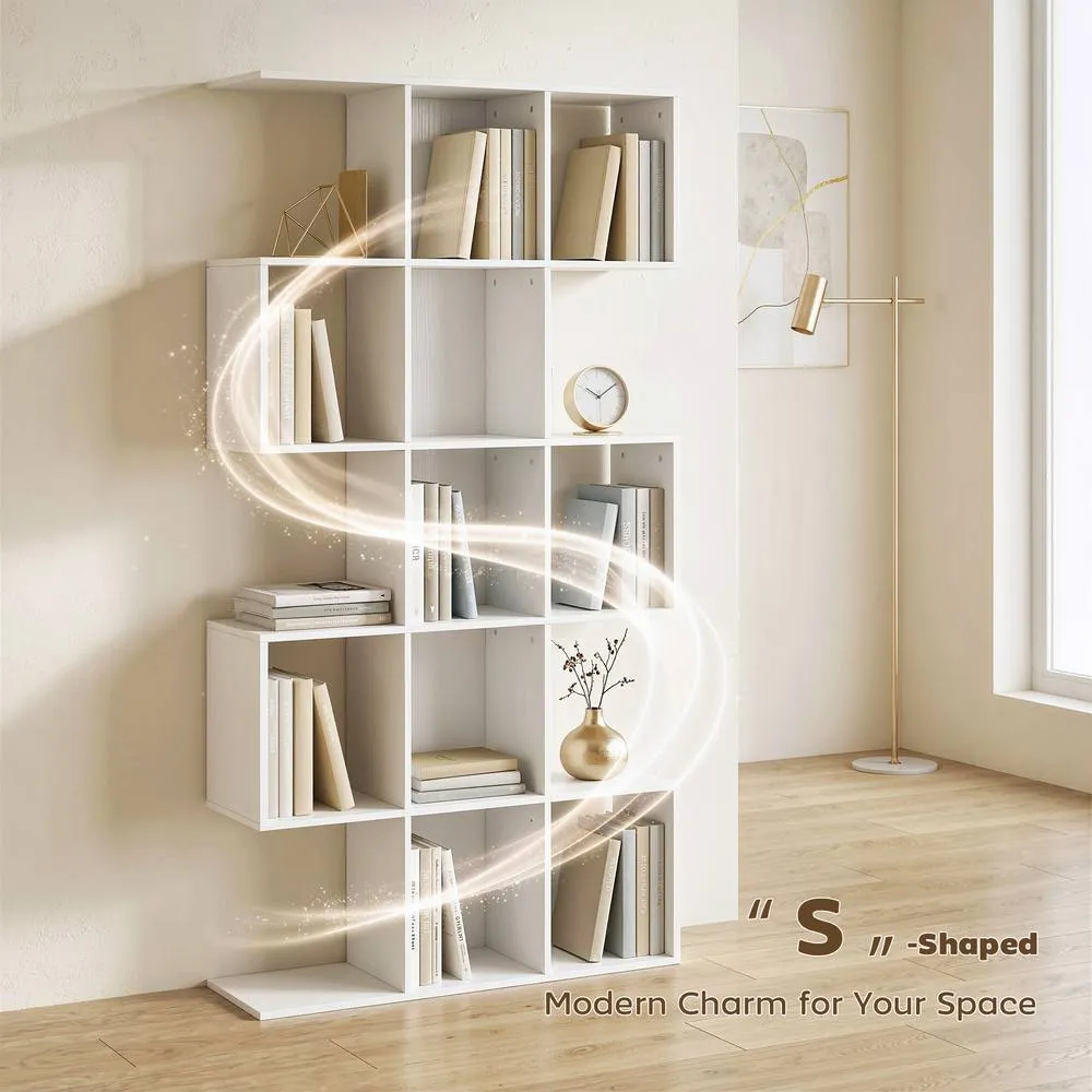 HOMCOM Geometric Bookshelf, 5-Tier S Shaped Bookcase in White 4