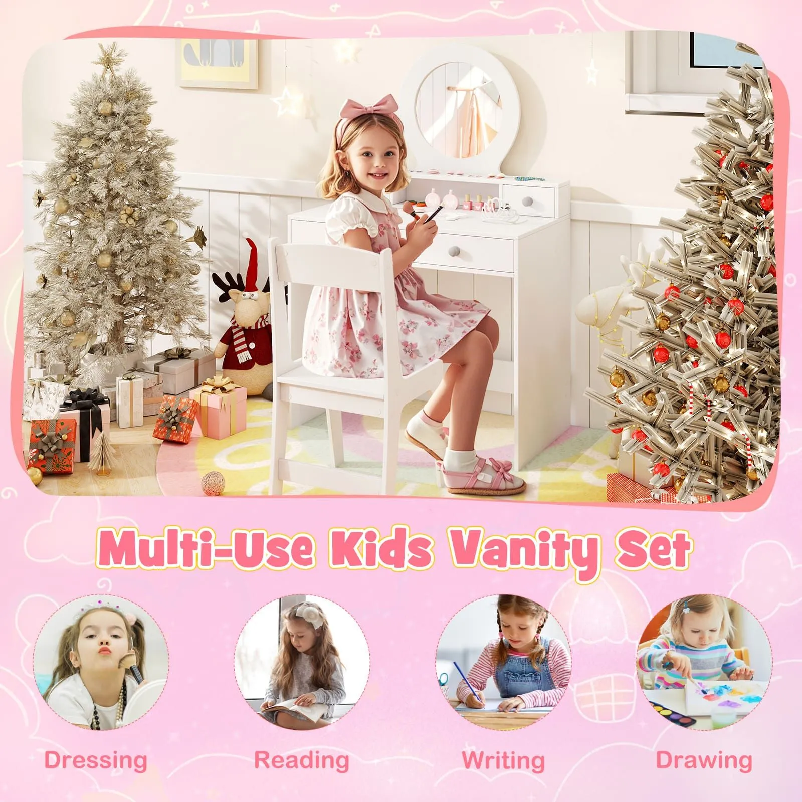 Costway Vanity Set Princess Makeup Dressing Desk & Chair w/ Mirror in White 3