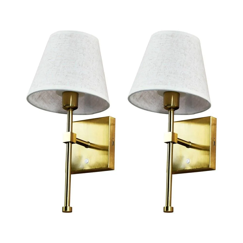 First Choice Lighting Set of 2 Horrace - Brass Rechargeable Wall Lights with Linen Shades in Gold