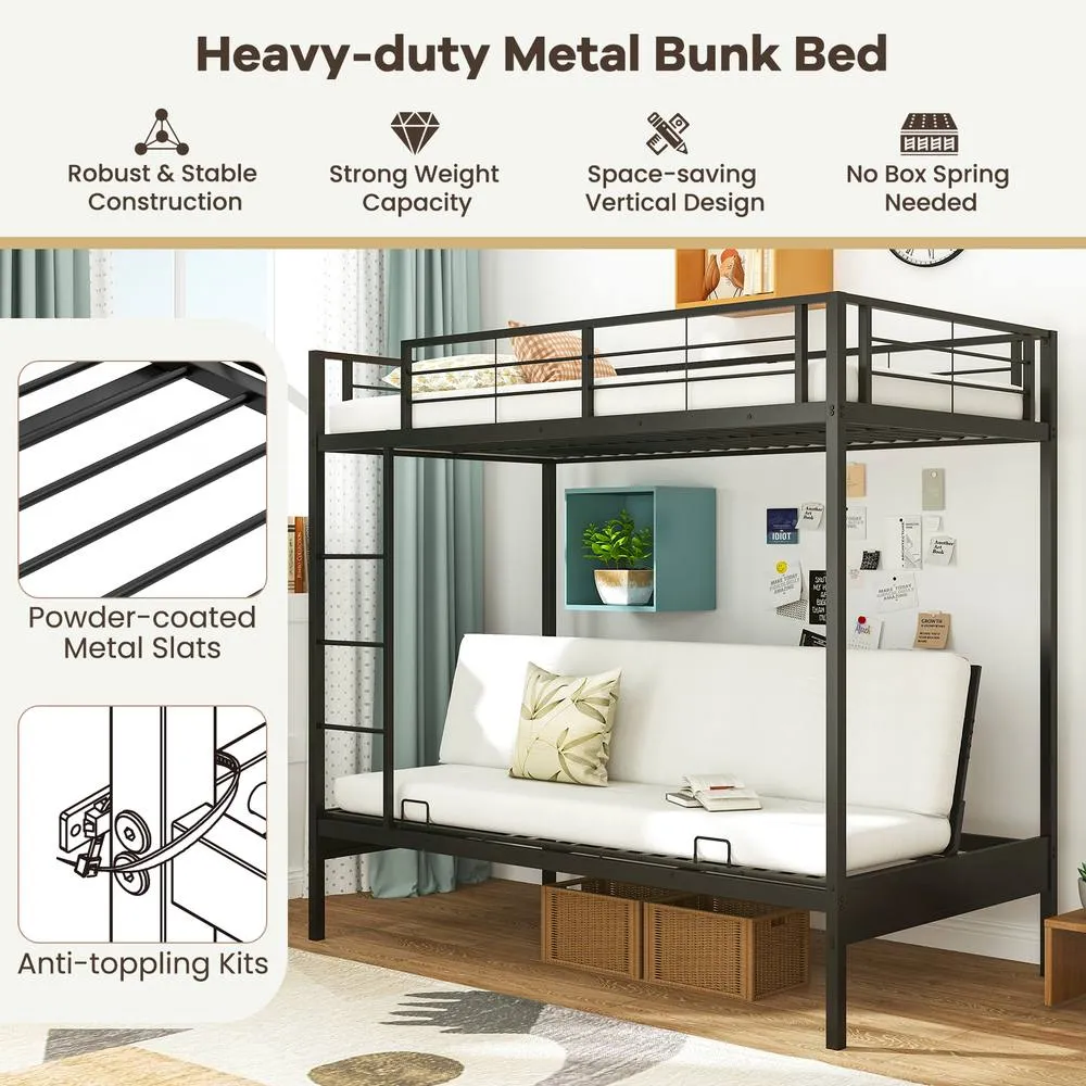 Costway Single Over Futon Bunk Bed Convertible Couch & Bed w/Ladder-Black in Black 4