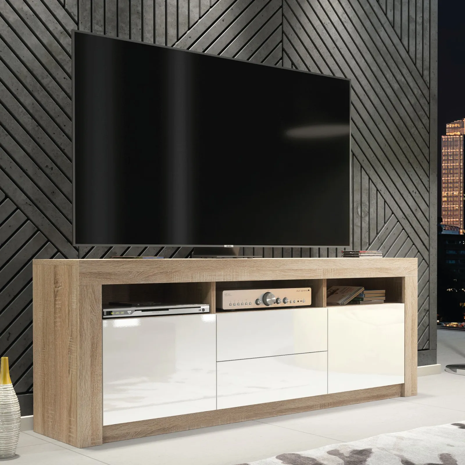 Creative Furniture TV Unit 160cm Modern - Oak with High Gloss White Doors in Light Oak 6