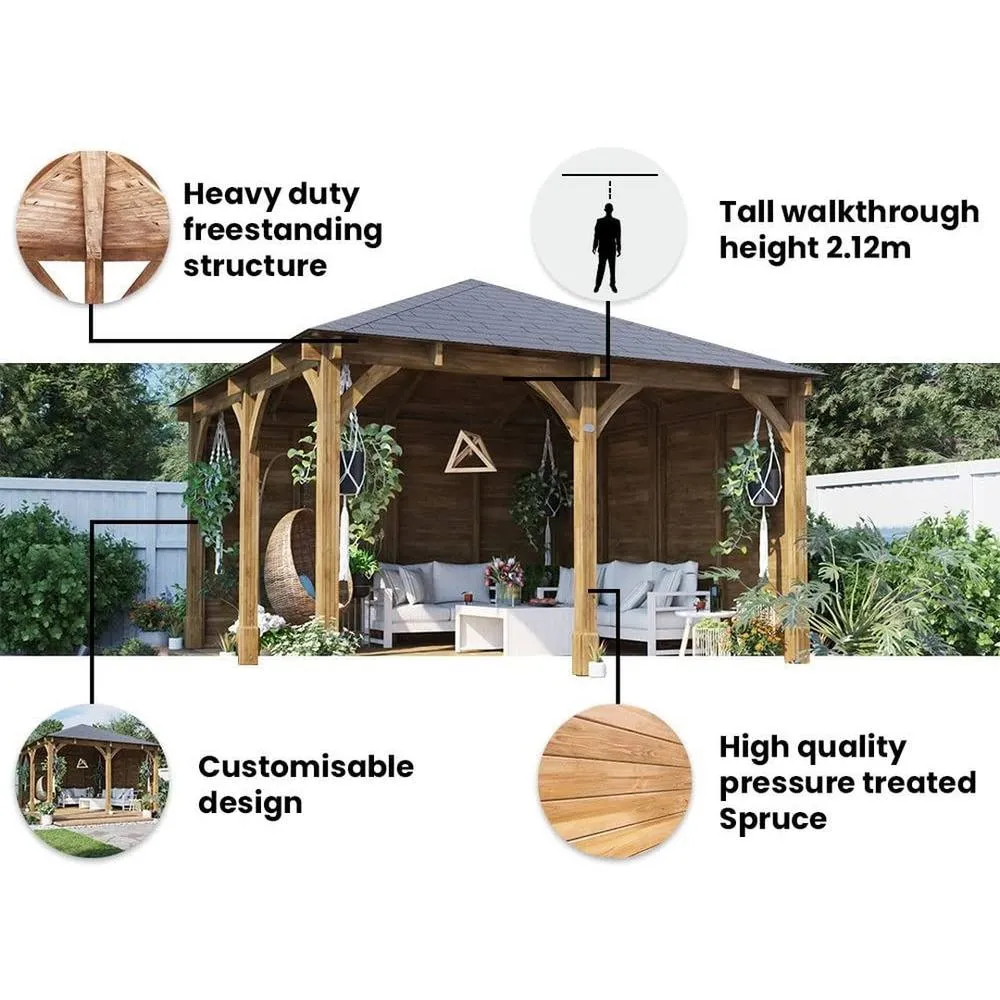 Dunster House Wooden Gazebo 4x4m Heavy Duty Patio Shelter Roof Shingles Leviathan in Brown 5