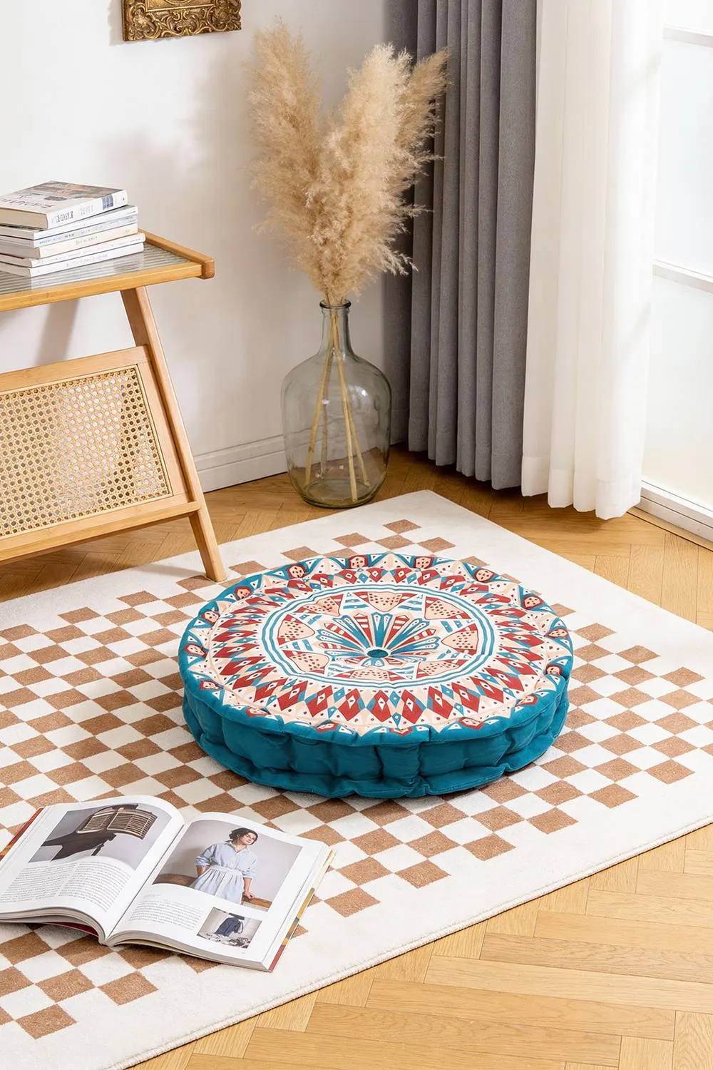 Living and Home Ethnic Geometric Round Tatami Seat Cushion in Blue