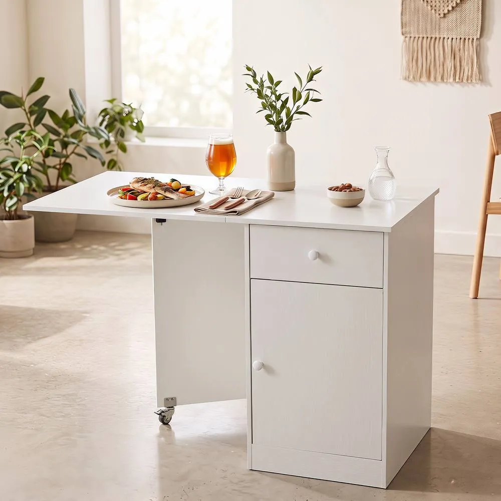 Costway Folding Dining Table Drop Leaf Table w/Drawer in White 5