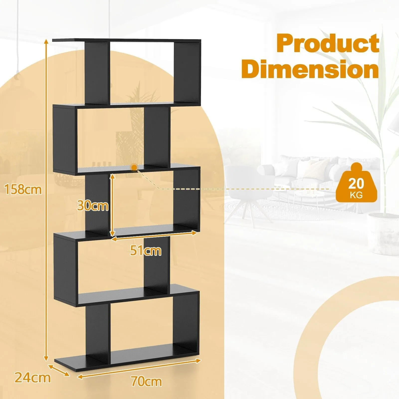 Costway 5-tier Bookcase Anti-Toppling S-Shaped Bookshelf Wooden Storage Display Rack in Black 2