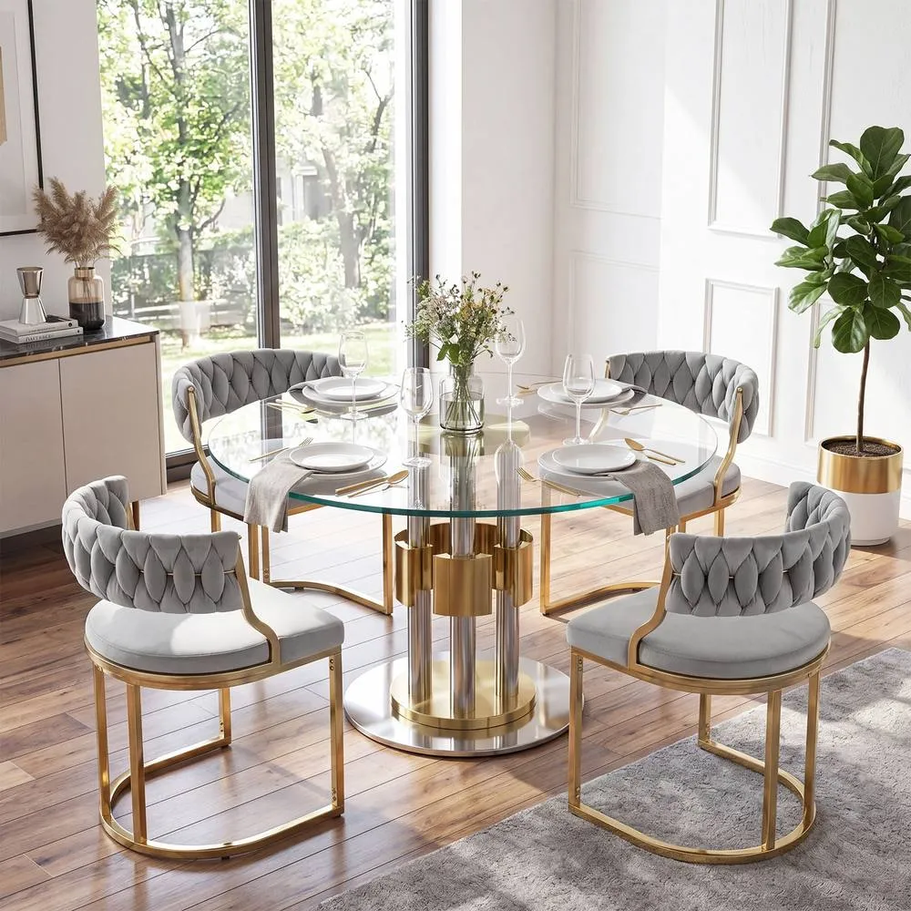 Costway 2PCS Velvet Dining Chairs Modern Woven Upholstered Accent Chairs in Grey 6