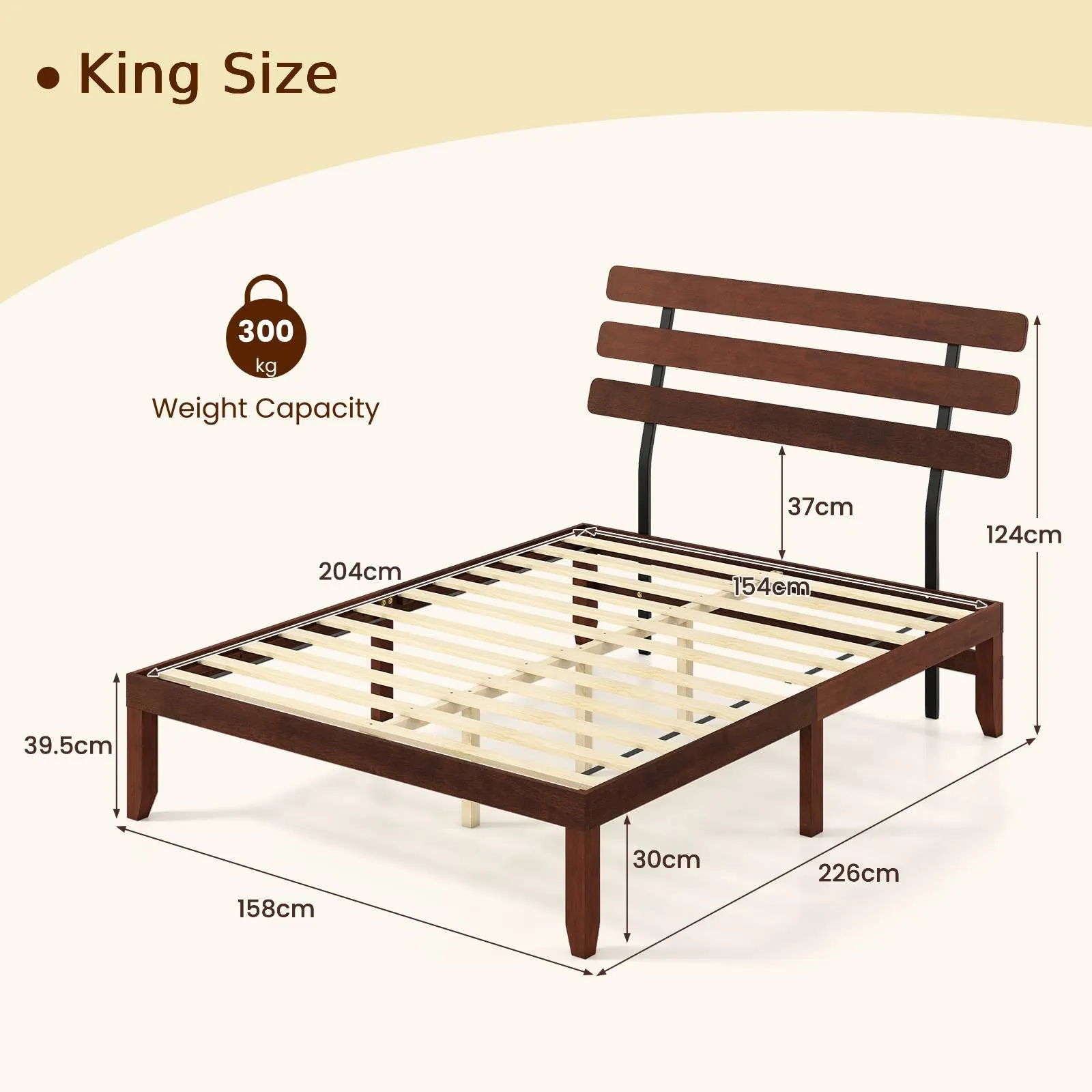 Costway King Size Bed Frame Solid Wood Platform Bed w/Retro Headboard in Walnut 2