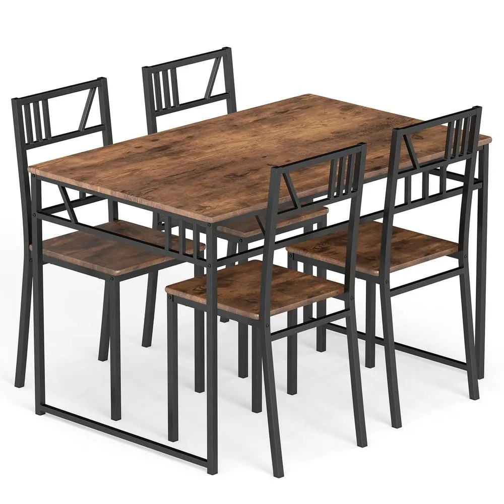 Costway 5 Pcs Dining Table Set Industrial-Style Kitchen Table & 4 Chairs in Brown 3