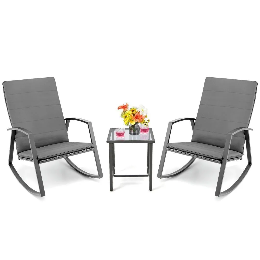 Costway 3PCS Outdoor Rattan Rocking Bistro Set Garden Patio Wicker Table & Chair Set in Grey