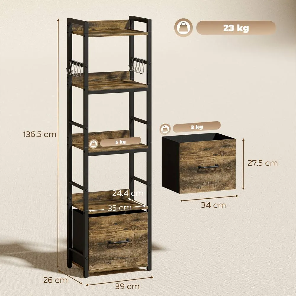 HOMCOM 4-Tier Bookshelf, Shelving Unit with Drawer, 8 Hooks in Brown 3